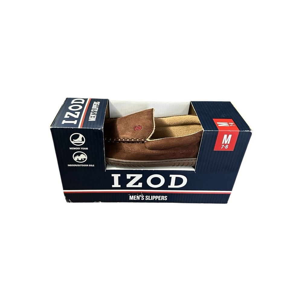 Izod Slippers Mens Size 7-8 Moccasin Brown Slip On Comfort Casual Round Toe